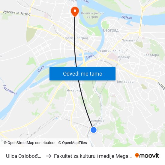 Ulica Oslobođenja to Fakultet za kulturu i medije Megatrend map