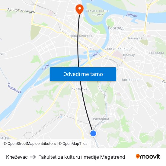 Kneževac to Fakultet za kulturu i medije Megatrend map