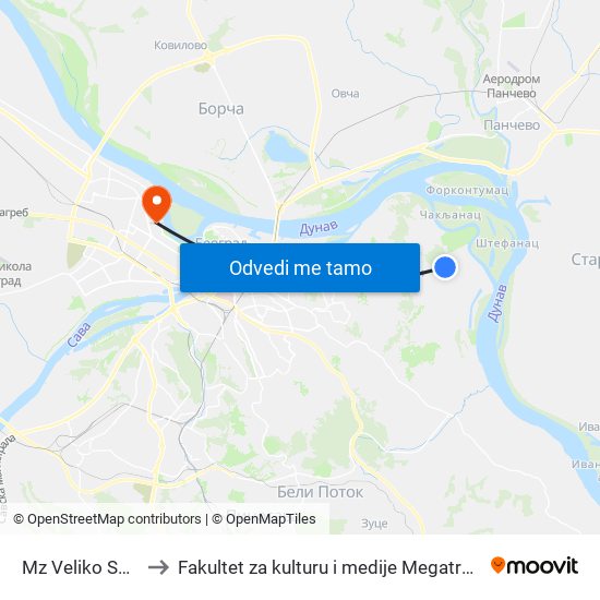 Mz Veliko Selo to Fakultet za kulturu i medije Megatrend map