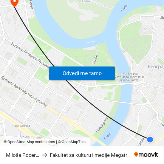Miloša Pocerca to Fakultet za kulturu i medije Megatrend map