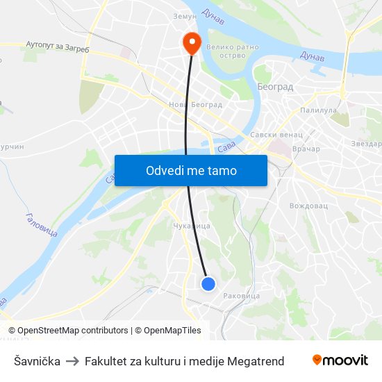 Šavnička to Fakultet za kulturu i medije Megatrend map