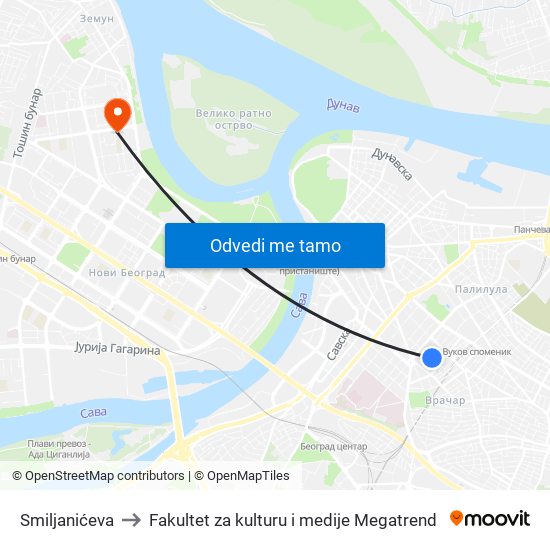 Smiljanićeva to Fakultet za kulturu i medije Megatrend map