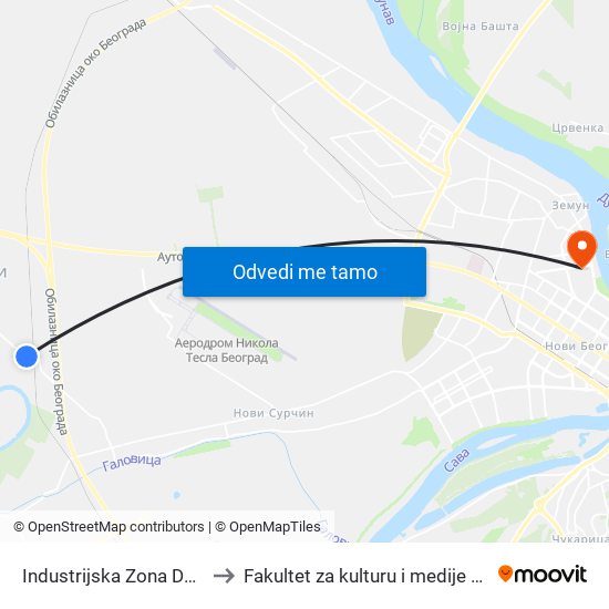 Industrijska Zona Dobanovci to Fakultet za kulturu i medije Megatrend map