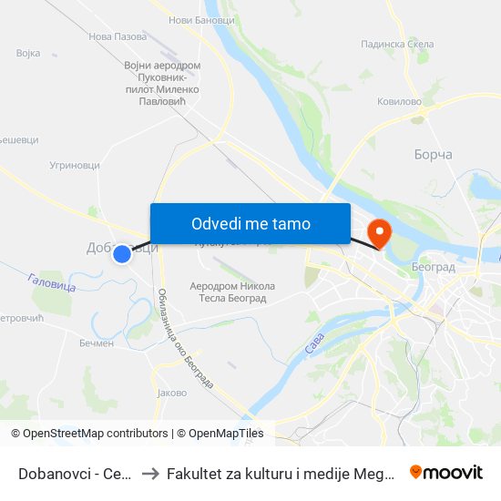 Dobanovci - Centar to Fakultet za kulturu i medije Megatrend map