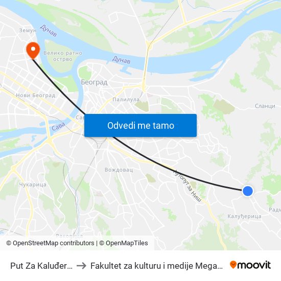 Put Za Kaluđericu to Fakultet za kulturu i medije Megatrend map