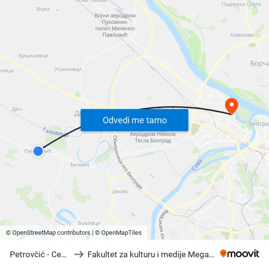 Petrovčić - Centar to Fakultet za kulturu i medije Megatrend map