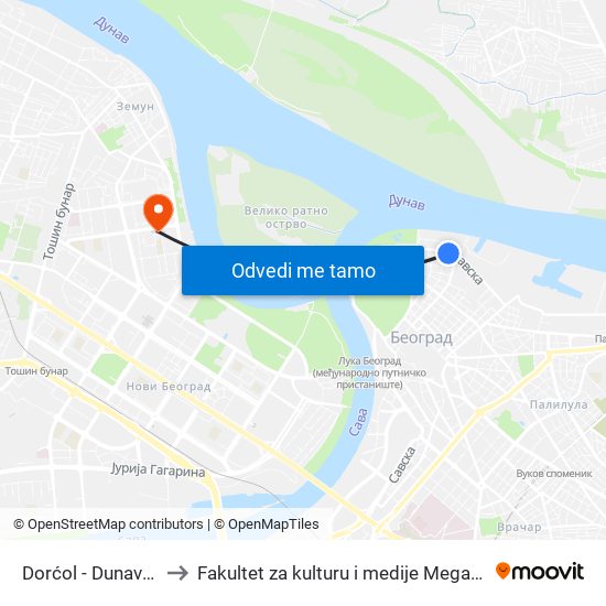 Dorćol - Dunavska to Fakultet za kulturu i medije Megatrend map