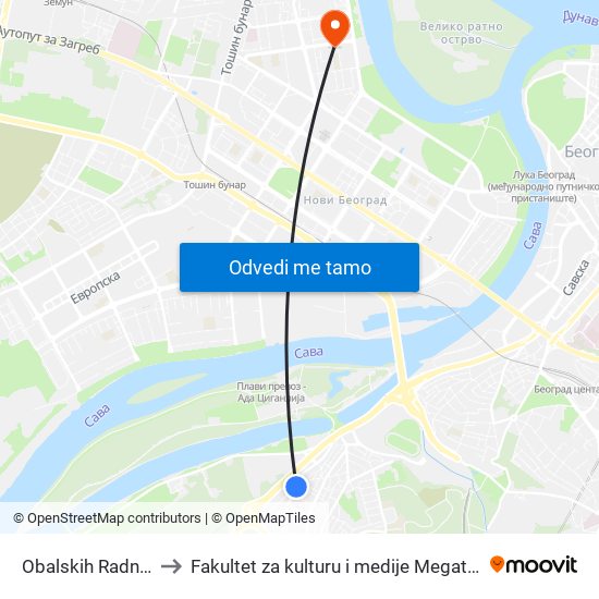 Obalskih Radnika to Fakultet za kulturu i medije Megatrend map