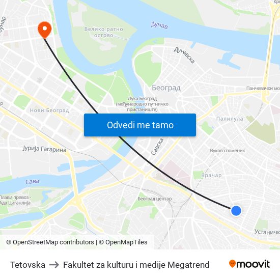 Tetovska to Fakultet za kulturu i medije Megatrend map