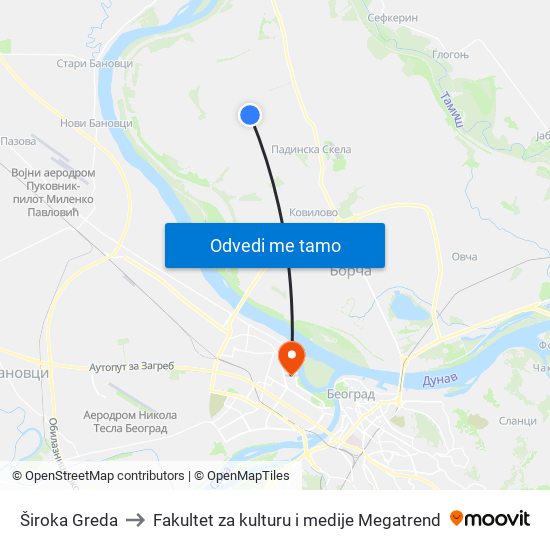 Široka Greda to Fakultet za kulturu i medije Megatrend map