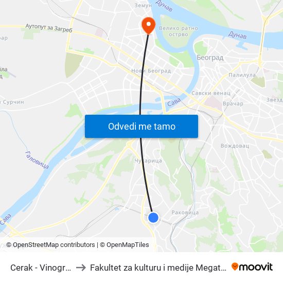 Cerak - Vinogradi to Fakultet za kulturu i medije Megatrend map