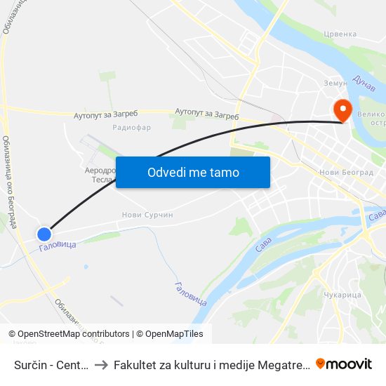 Surčin - Centar to Fakultet za kulturu i medije Megatrend map