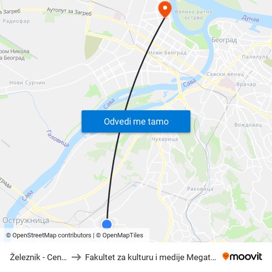 Železnik - Centar to Fakultet za kulturu i medije Megatrend map