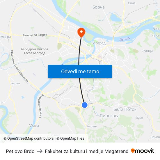 Petlovo Brdo to Fakultet za kulturu i medije Megatrend map