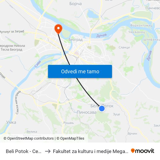 Beli Potok - Centar to Fakultet za kulturu i medije Megatrend map