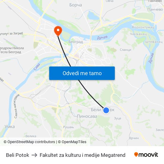 Beli Potok to Fakultet za kulturu i medije Megatrend map