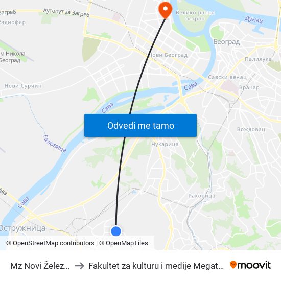 Mz Novi Železnik to Fakultet za kulturu i medije Megatrend map