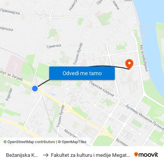 Bežanijska Kosa to Fakultet za kulturu i medije Megatrend map