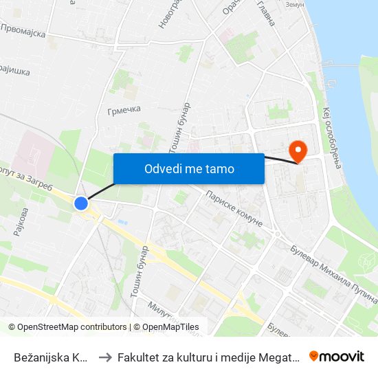 Bežanijska Kosa to Fakultet za kulturu i medije Megatrend map