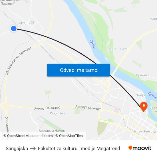 Šangajska to Fakultet za kulturu i medije Megatrend map