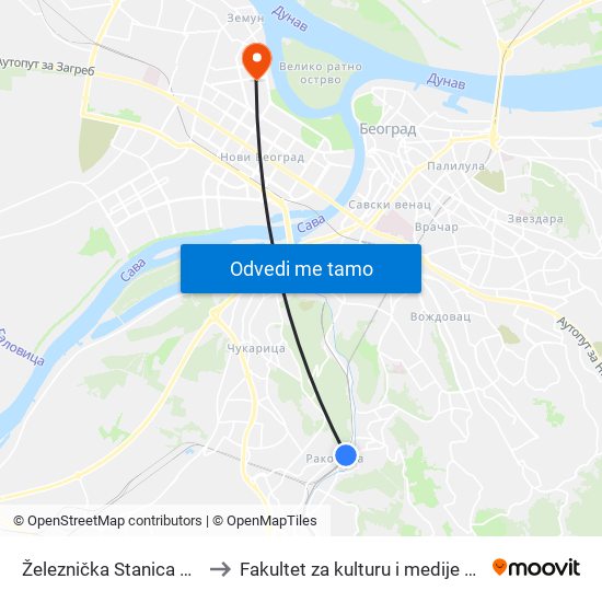 Železnička Stanica Rakovica to Fakultet za kulturu i medije Megatrend map