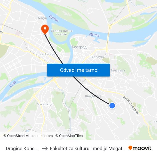 Dragice Končar 1 to Fakultet za kulturu i medije Megatrend map