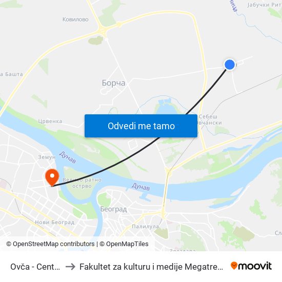 Ovča - Centar to Fakultet za kulturu i medije Megatrend map