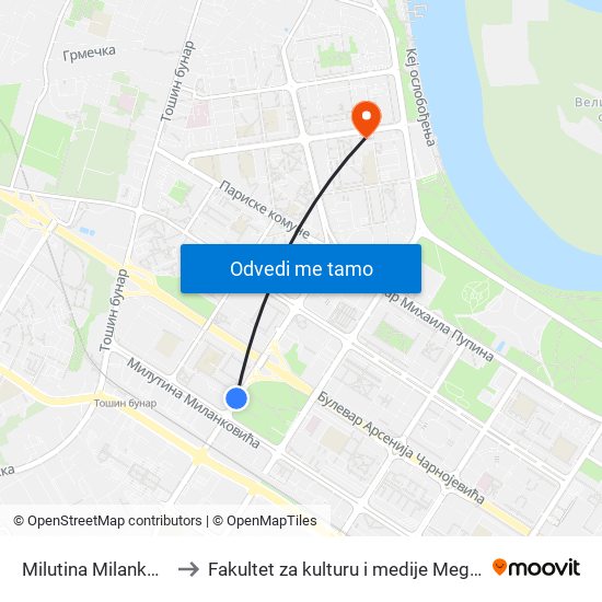 Milutina Milankovića to Fakultet za kulturu i medije Megatrend map