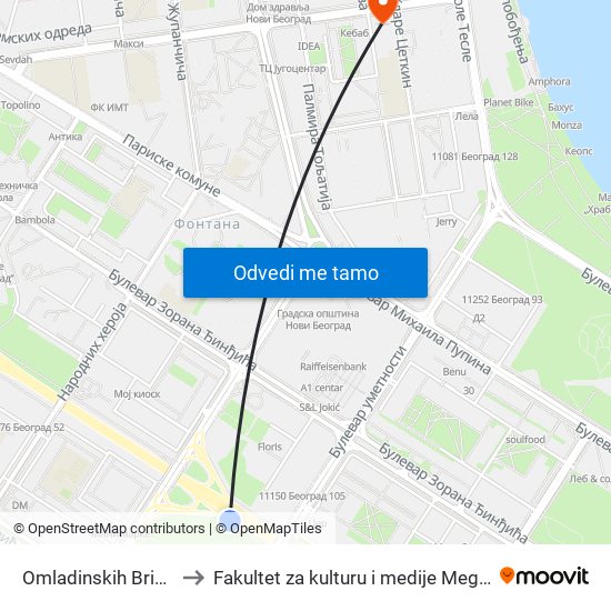 Omladinskih Brigada to Fakultet za kulturu i medije Megatrend map