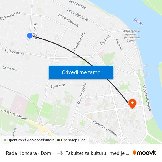 Rada Končara - Dom Zdravlja to Fakultet za kulturu i medije Megatrend map