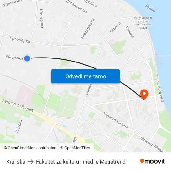 Krajiška to Fakultet za kulturu i medije Megatrend map