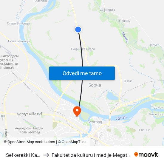 Sefkereški Kanal to Fakultet za kulturu i medije Megatrend map