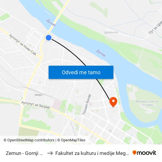 Zemun - Gornji Grad to Fakultet za kulturu i medije Megatrend map