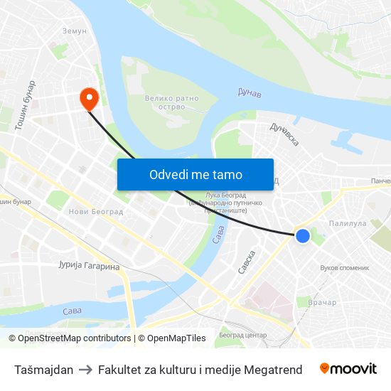 Tašmajdan to Fakultet za kulturu i medije Megatrend map