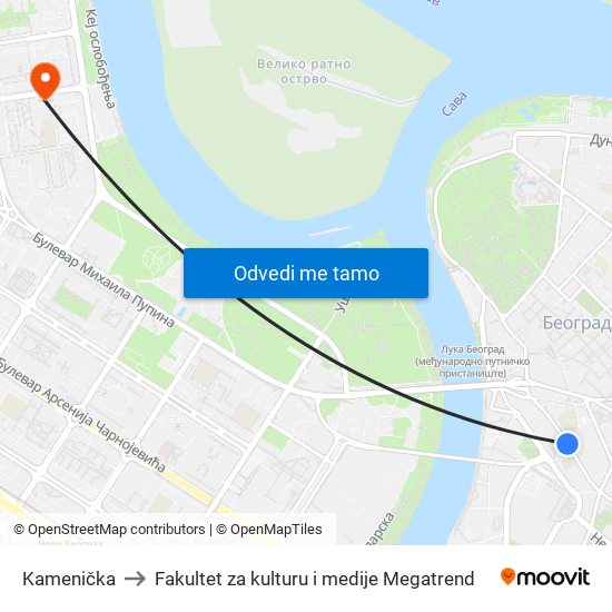 Kamenička to Fakultet za kulturu i medije Megatrend map