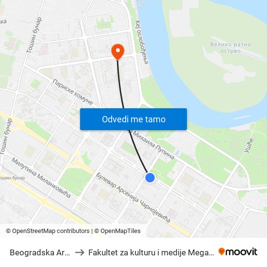 Beogradska Arena to Fakultet za kulturu i medije Megatrend map