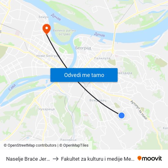 Naselje Braće Jerković to Fakultet za kulturu i medije Megatrend map