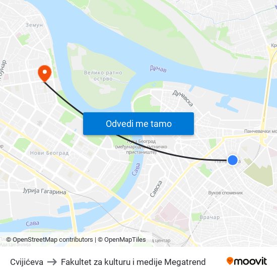 Cvijićeva to Fakultet za kulturu i medije Megatrend map