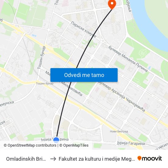 Omladinskih Brigada to Fakultet za kulturu i medije Megatrend map