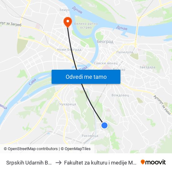 Srpskih Udarnih Brigada to Fakultet za kulturu i medije Megatrend map