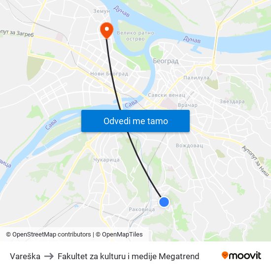 Vareška to Fakultet za kulturu i medije Megatrend map