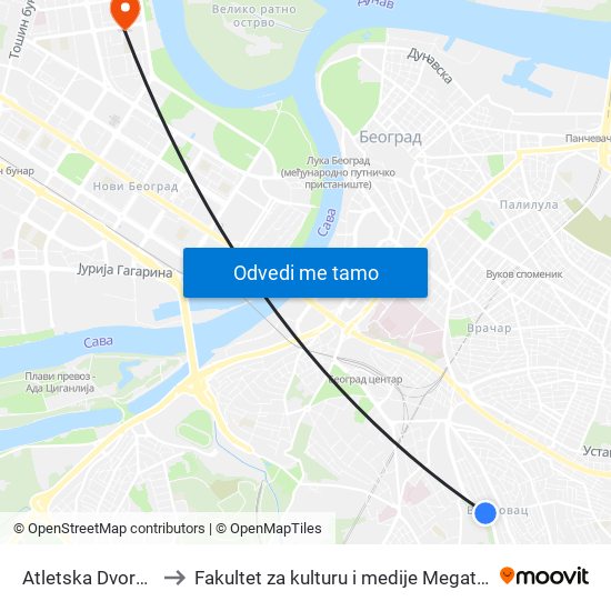 Atletska Dvorana to Fakultet za kulturu i medije Megatrend map