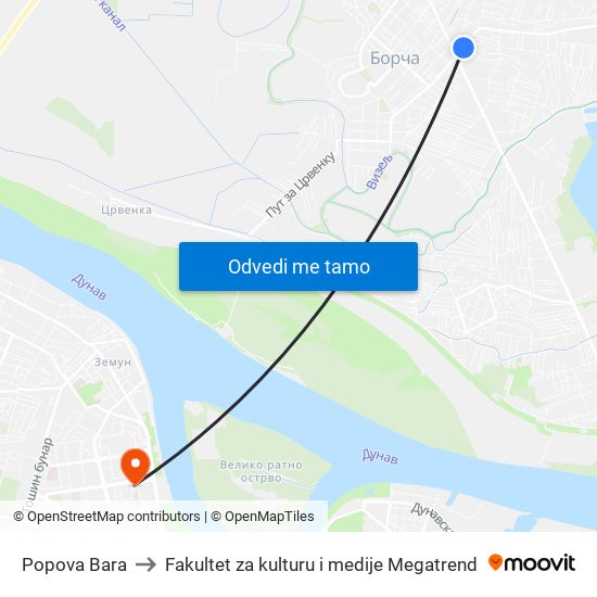 Popova Bara to Fakultet za kulturu i medije Megatrend map