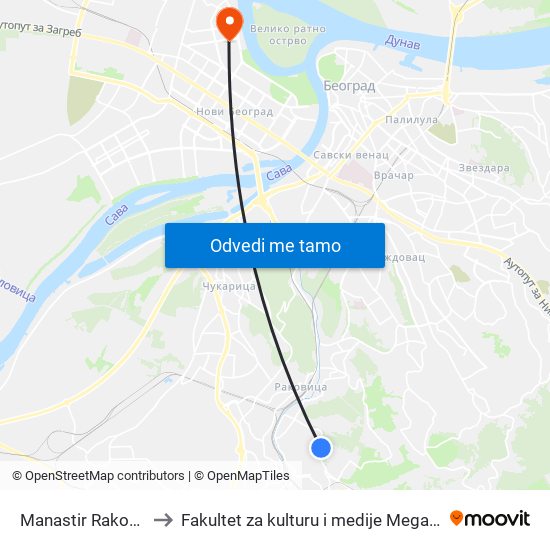 Manastir Rakovica to Fakultet za kulturu i medije Megatrend map