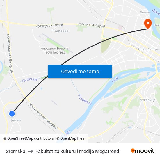 Sremska to Fakultet za kulturu i medije Megatrend map