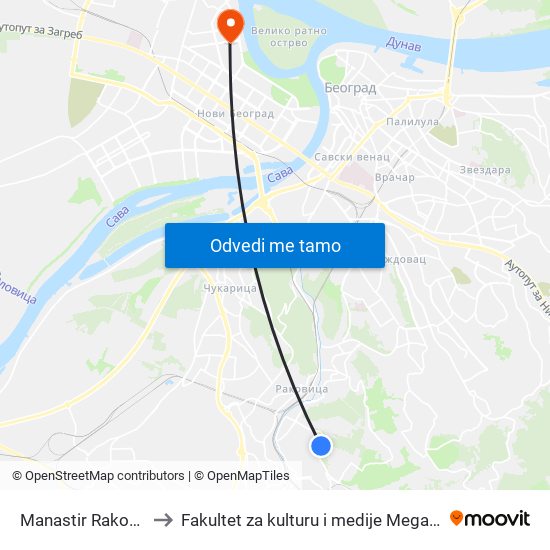 Manastir Rakovica to Fakultet za kulturu i medije Megatrend map