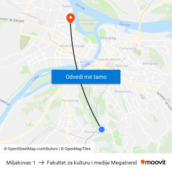 Miljakovac 1 to Fakultet za kulturu i medije Megatrend map