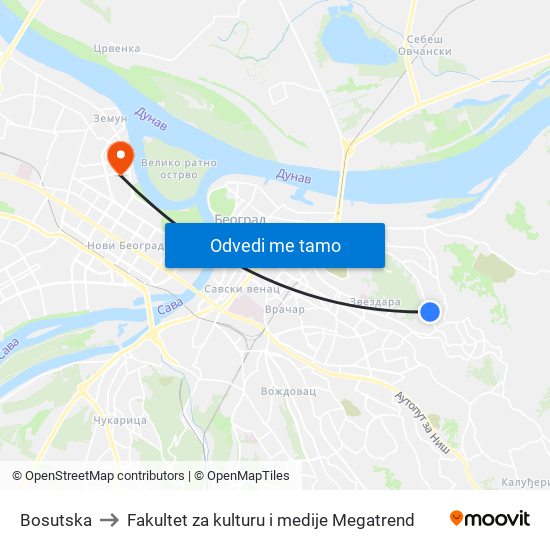 Bosutska to Fakultet za kulturu i medije Megatrend map