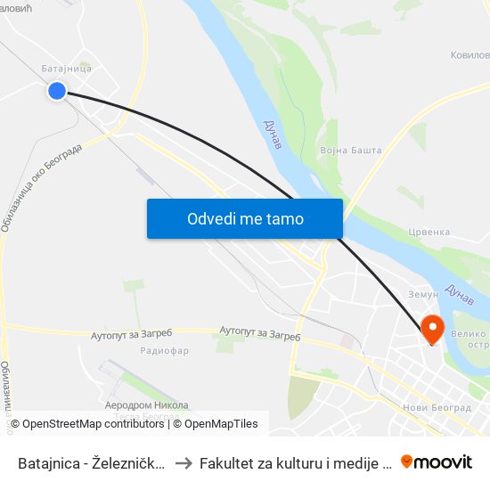 Batajnica - Železnička Stanica to Fakultet za kulturu i medije Megatrend map