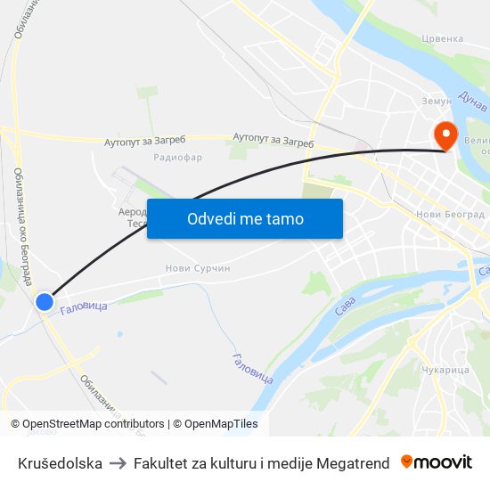 Krušedolska to Fakultet za kulturu i medije Megatrend map